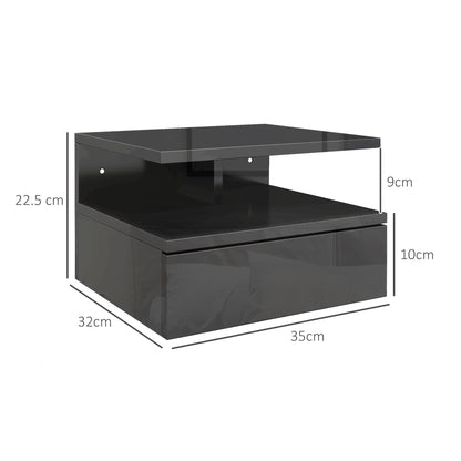 Set of 2 Wall-Mounted Bedside Tables, Modern Bedroom Bedside Tables, with Drawer and Upper Shelf in Wood, 35x32x22.5cm, Glossy Black