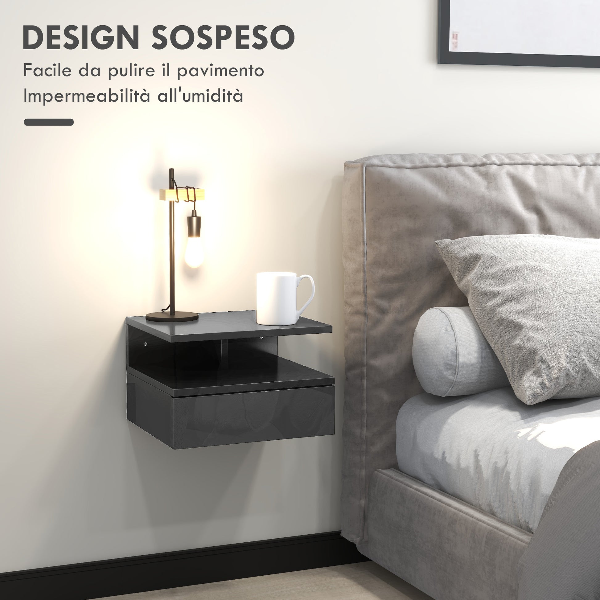 Set of 2 Wall-Mounted Bedside Tables, Modern Bedroom Bedside Tables, with Drawer and Upper Shelf in Wood, 35x32x22.5cm, Glossy Black