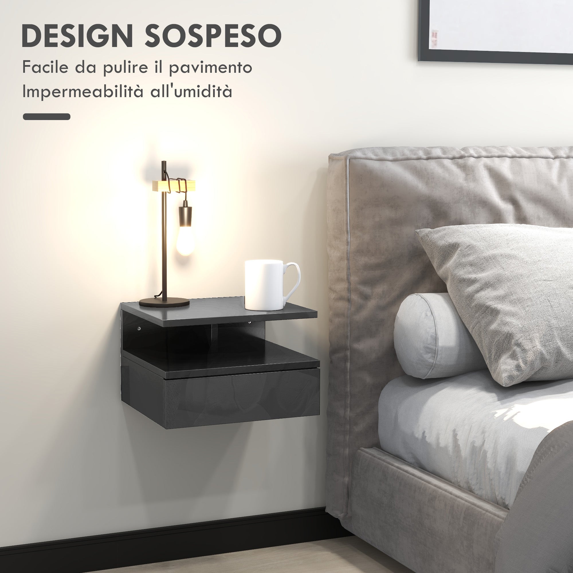 Set of 2 Wall-Mounted Bedside Tables, Modern Bedroom Bedside Tables, with Drawer and Upper Shelf in Wood, 35x32x22.5cm, Glossy Black