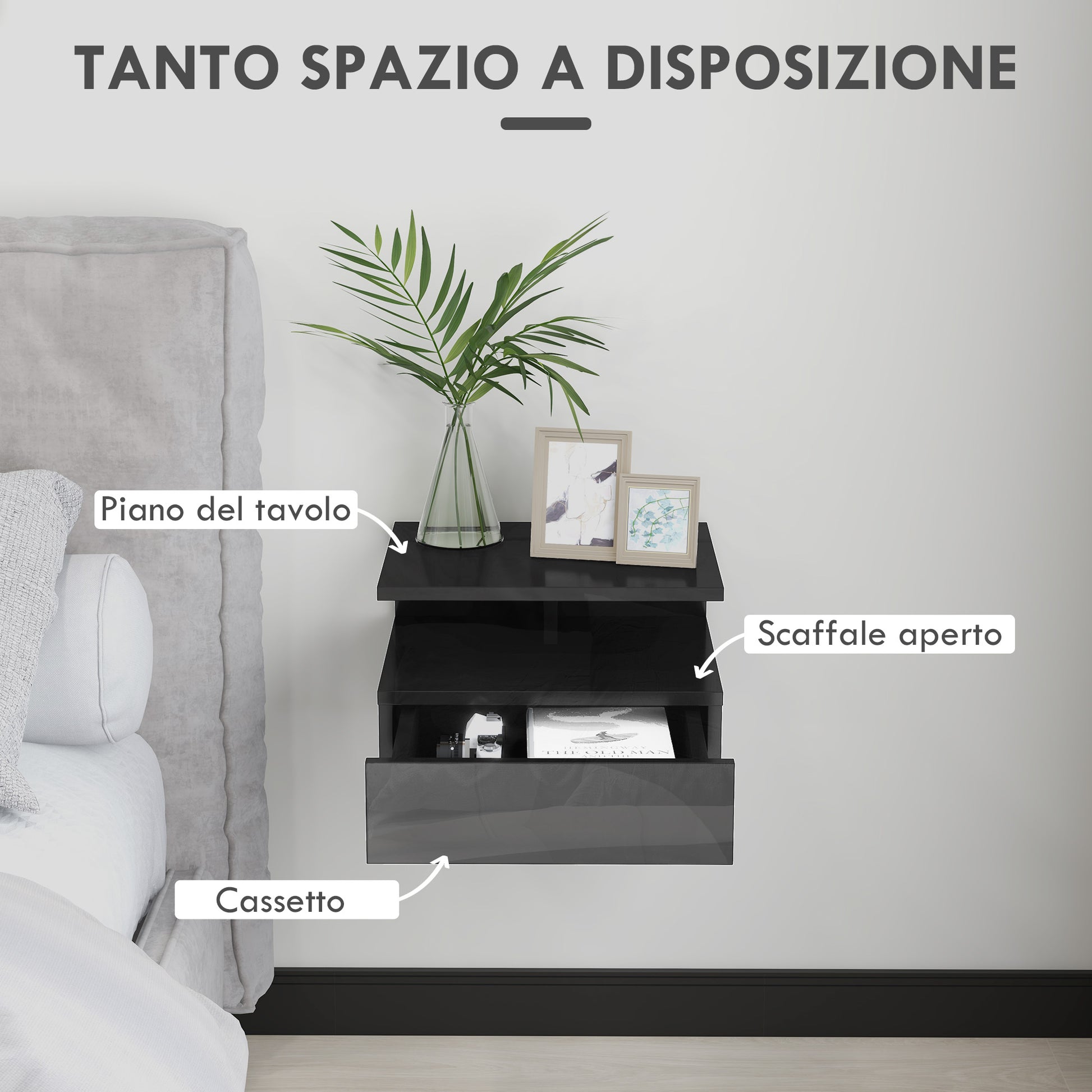 Set of 2 Wall-Mounted Bedside Tables, Modern Bedroom Bedside Tables, with Drawer and Upper Shelf in Wood, 35x32x22.5cm, Glossy Black