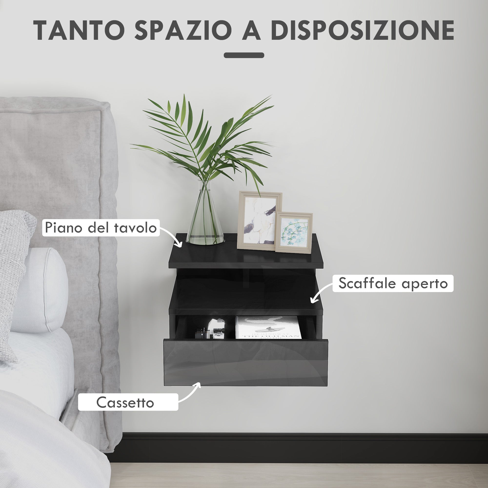 Set of 2 Wall-Mounted Bedside Tables, Modern Bedroom Bedside Tables, with Drawer and Upper Shelf in Wood, 35x32x22.5cm, Glossy Black