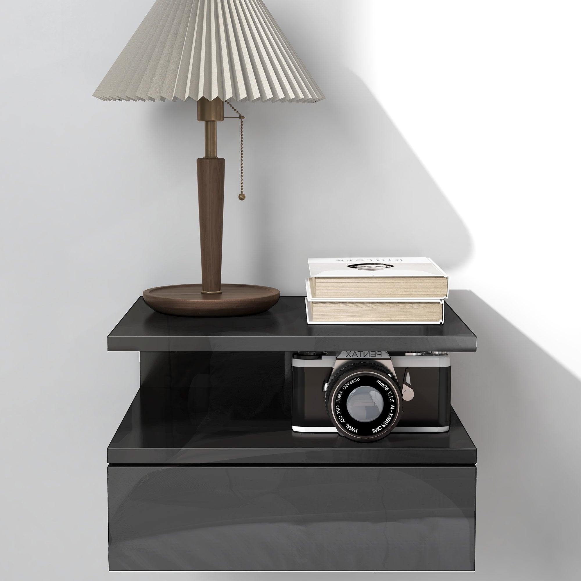 Set of 2 Wall-Mounted Bedside Tables, Modern Bedroom Bedside Tables, with Drawer and Upper Shelf in Wood, 35x32x22.5cm, Glossy Black
