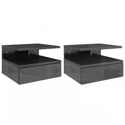 Set of 2 Wall-Mounted Bedside Tables, Modern Bedroom Bedside Tables, with Drawer and Upper Shelf in Wood, 35x32x22.5cm, Glossy Black