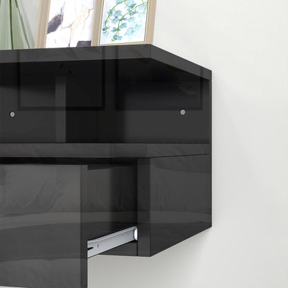 Set of 2 Wall-Mounted Bedside Tables, Modern Bedroom Bedside Tables, with Drawer and Upper Shelf in Wood, 35x32x22.5cm, Glossy Black