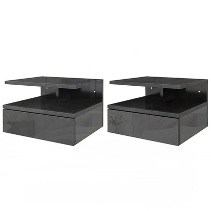 Set of 2 Wall-Mounted Bedside Tables, Modern Bedroom Bedside Tables, with Drawer and Upper Shelf in Wood, 35x32x22.5cm, Glossy Black
