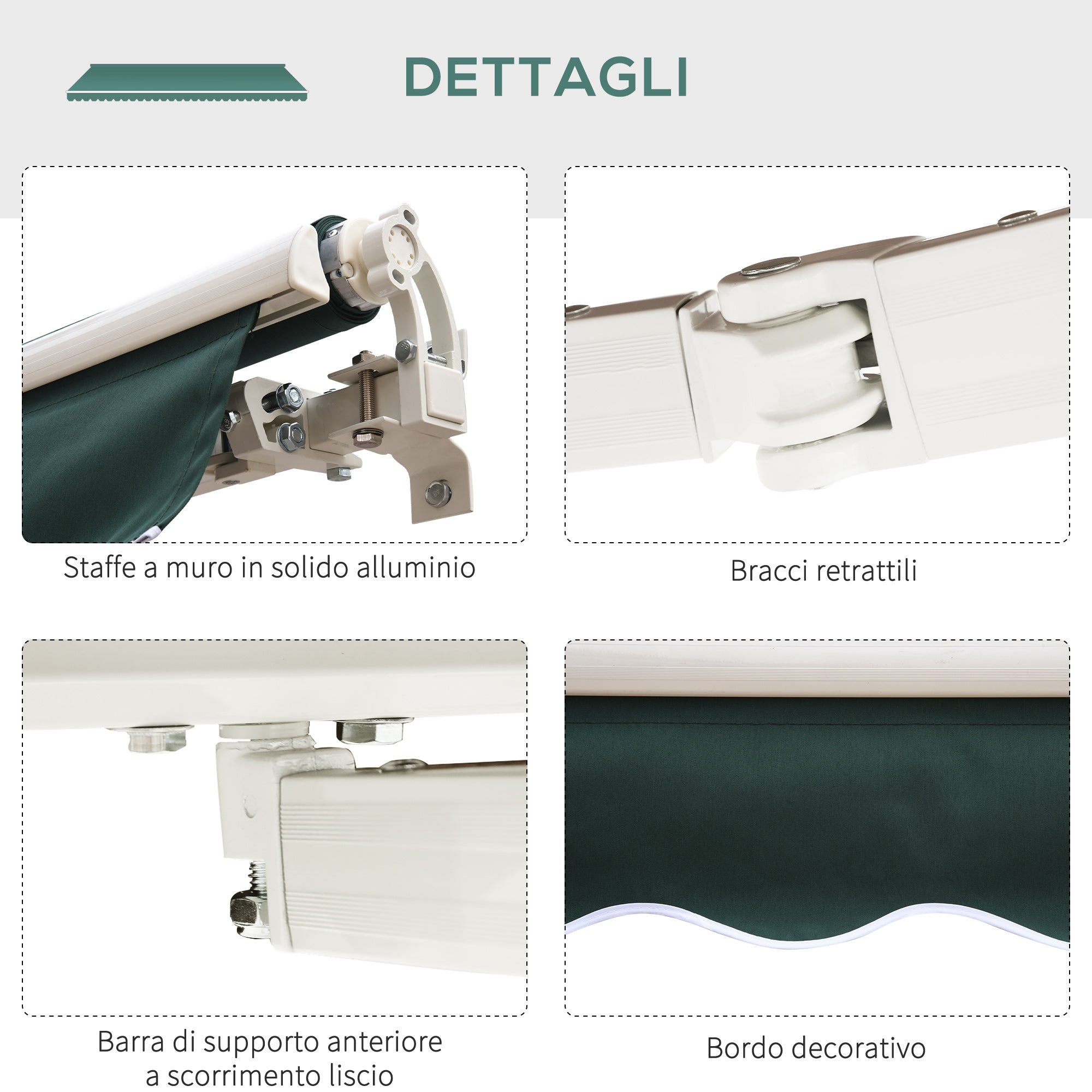 Retractable Awning 2.5x2m with Aluminum Frame and Polyester Fabric, 280 g/㎡, UV50+, Green