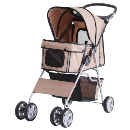Pet Stroller, Foldable Dog Buggy for Small Dogs and Miniature Dogs, Cat Stroller with Storage Basket, Cup Holder, Mesh Windows, Oxford Pet Cart, Coffee Brown