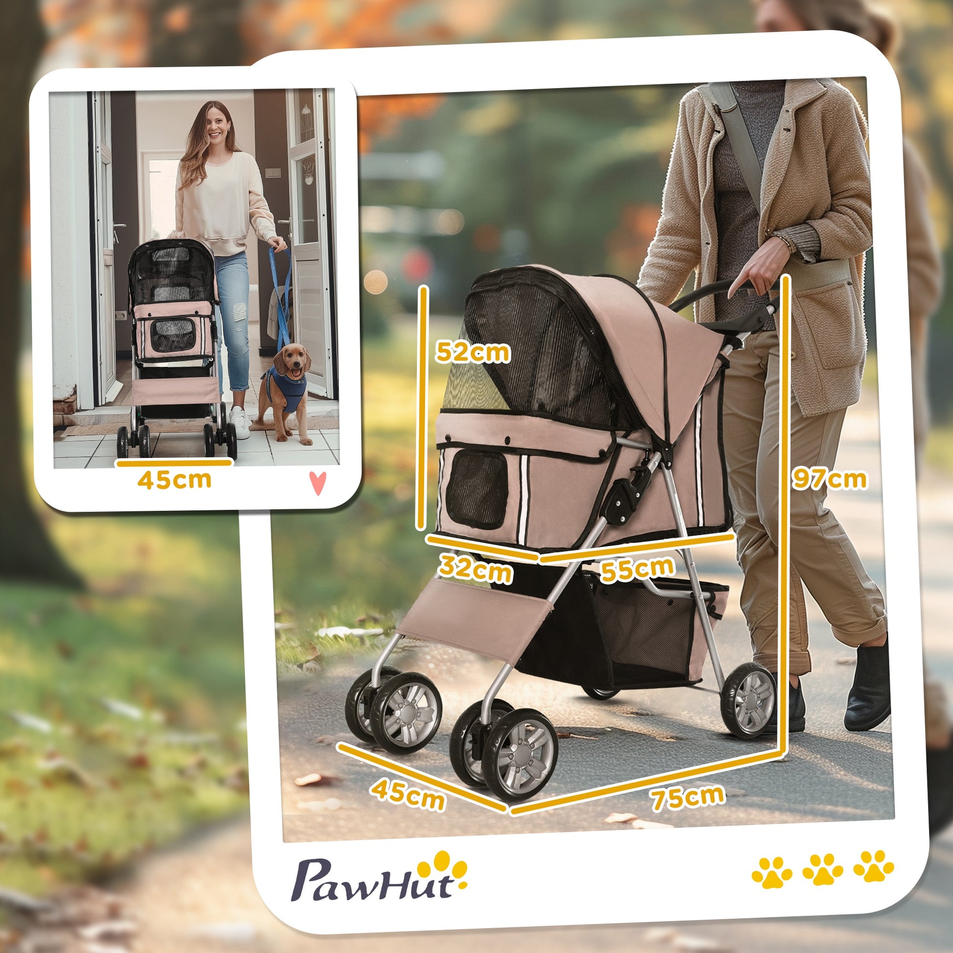 Pet Stroller, Foldable Dog Buggy for Small Dogs and Miniature Dogs, Cat Stroller with Storage Basket, Cup Holder, Mesh Windows, Oxford Pet Cart, Coffee Brown