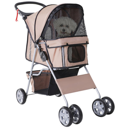 Pet Stroller, Foldable Dog Buggy for Small Dogs and Miniature Dogs, Cat Stroller with Storage Basket, Cup Holder, Mesh Windows, Oxford Pet Cart, Coffee Brown
