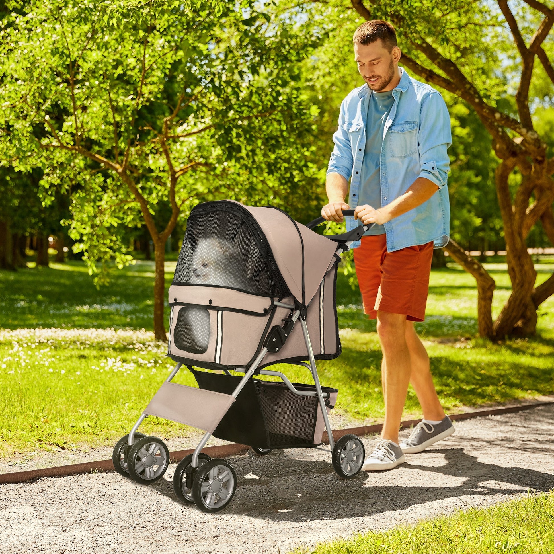 Pet Stroller, Foldable Dog Buggy for Small Dogs and Miniature Dogs, Cat Stroller with Storage Basket, Cup Holder, Mesh Windows, Oxford Pet Cart, Coffee Brown
