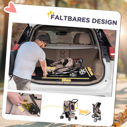 Pet Stroller, Foldable Dog Buggy for Small Dogs and Miniature Dogs, Cat Stroller with Storage Basket, Cup Holder, Mesh Windows, Oxford Pet Cart, Coffee Brown