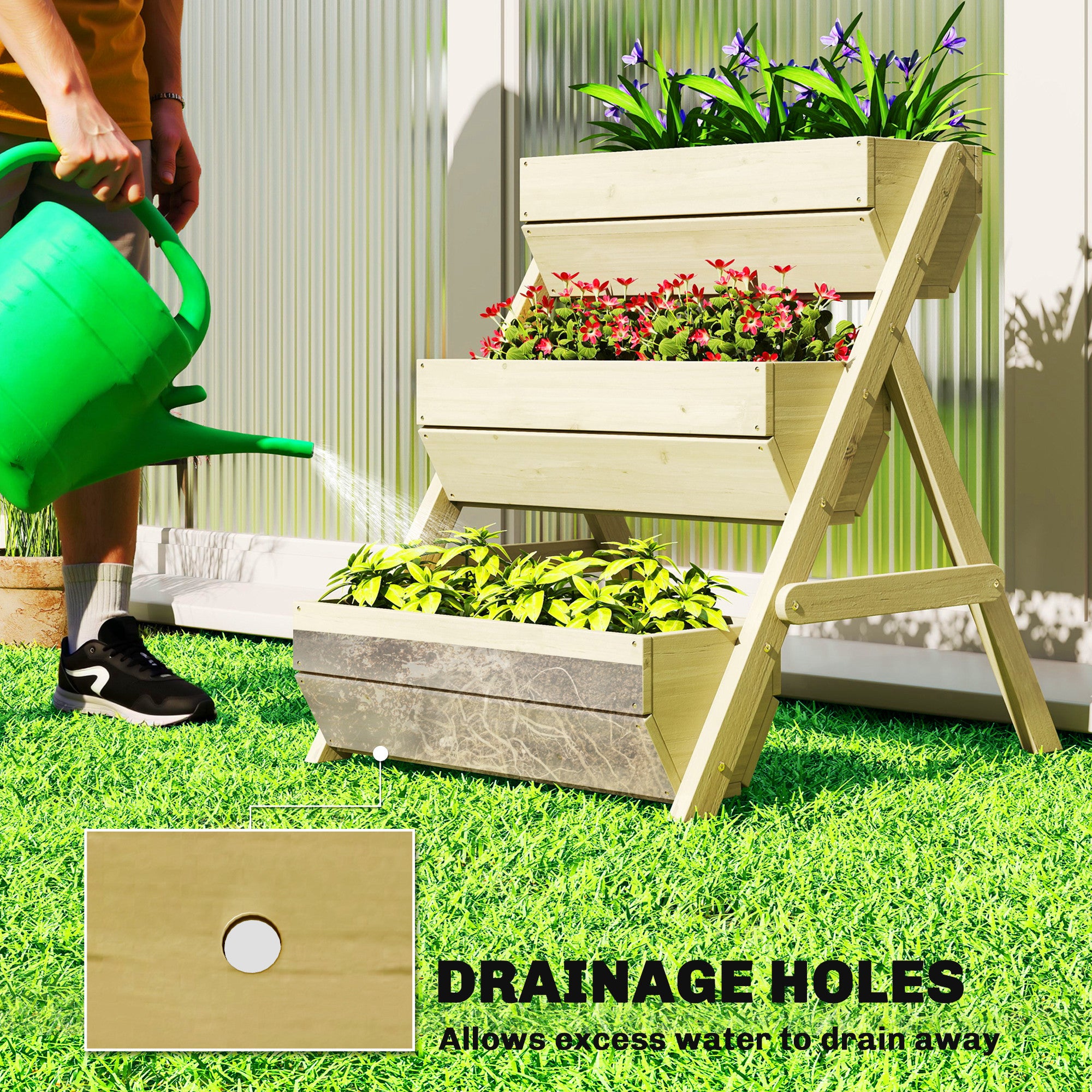 Vertical 3-Tier Wooden Raised Planter Box with 3 Planting Tubs, Drainage Holes – Flower & Herb Staircase for Terrace, Balcony, Garden, 25.6 x 29.5 x 29.9 in, Green