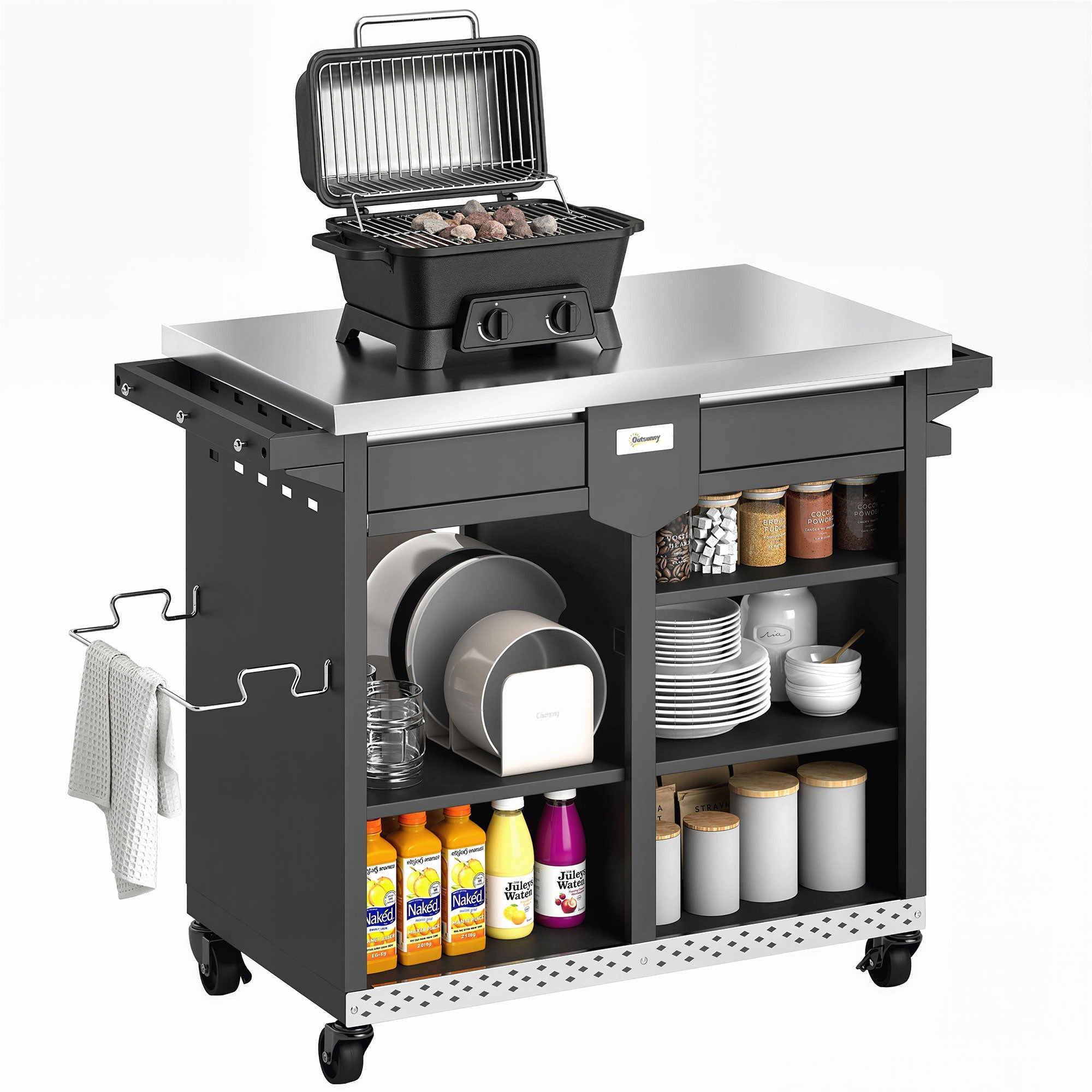 5-Tier Grill Cart with Stainless-Steel Worktop, Adjustable Shelves, Drawer, Wheels, Spice Rack, Towel Holder & Hooks — Mobile BBQ Serving Trolley (117 x 54 x 85.5 cm / 46.1 x 21.3 x 33.7 in)