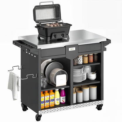 5-Tier Grill Cart with Stainless-Steel Worktop, Adjustable Shelves, Drawer, Wheels, Spice Rack, Towel Holder & Hooks — Mobile BBQ Serving Trolley (117 x 54 x 85.5 cm / 46.1 x 21.3 x 33.7 in)