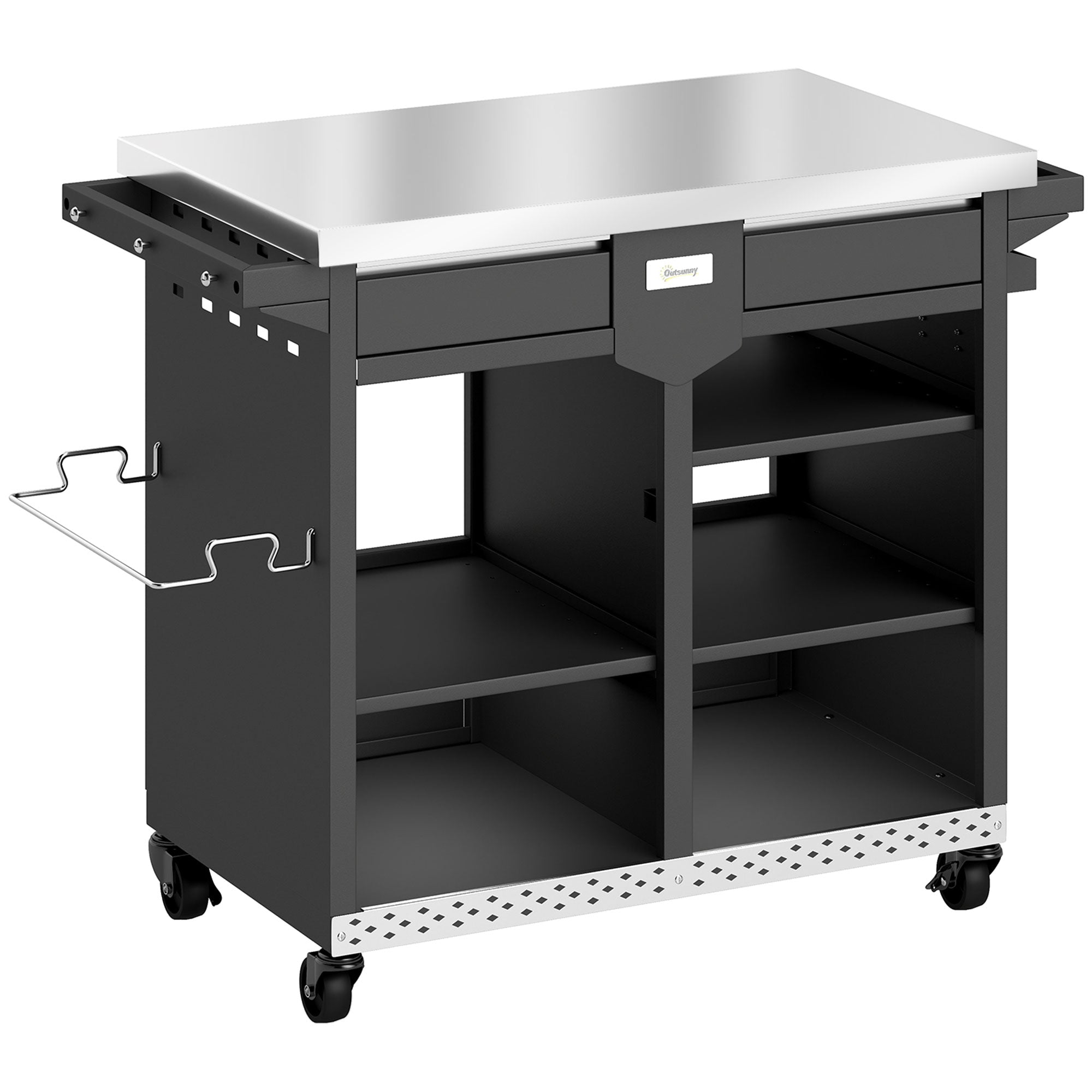 5-Tier Grill Cart with Stainless-Steel Worktop, Adjustable Shelves, Drawer, Wheels, Spice Rack, Towel Holder & Hooks — Mobile BBQ Serving Trolley (117 x 54 x 85.5 cm / 46.1 x 21.3 x 33.7 in)