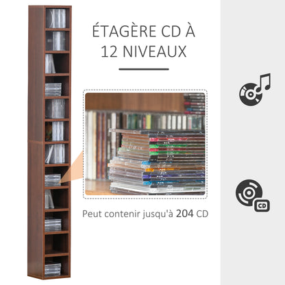 CD and DVD Storage, column storage shelf, storage unit with 12 compartments, max capacity 204 CD, 21 x 20 x 175 cm, brown