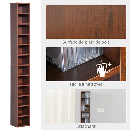 CD and DVD Storage, column storage shelf, storage unit with 12 compartments, max capacity 204 CD, 21 x 20 x 175 cm, brown