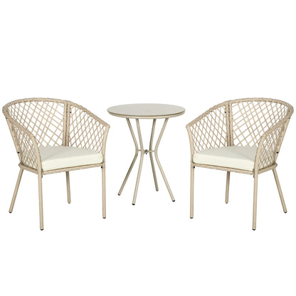 Rattan Garden Furniture Set 3pc, Patio Set with Coffee Table, 2 Chairs, Balcony Furniture Set with Cushions, Garden Seating Group for Balcony, Terrace, Khaki