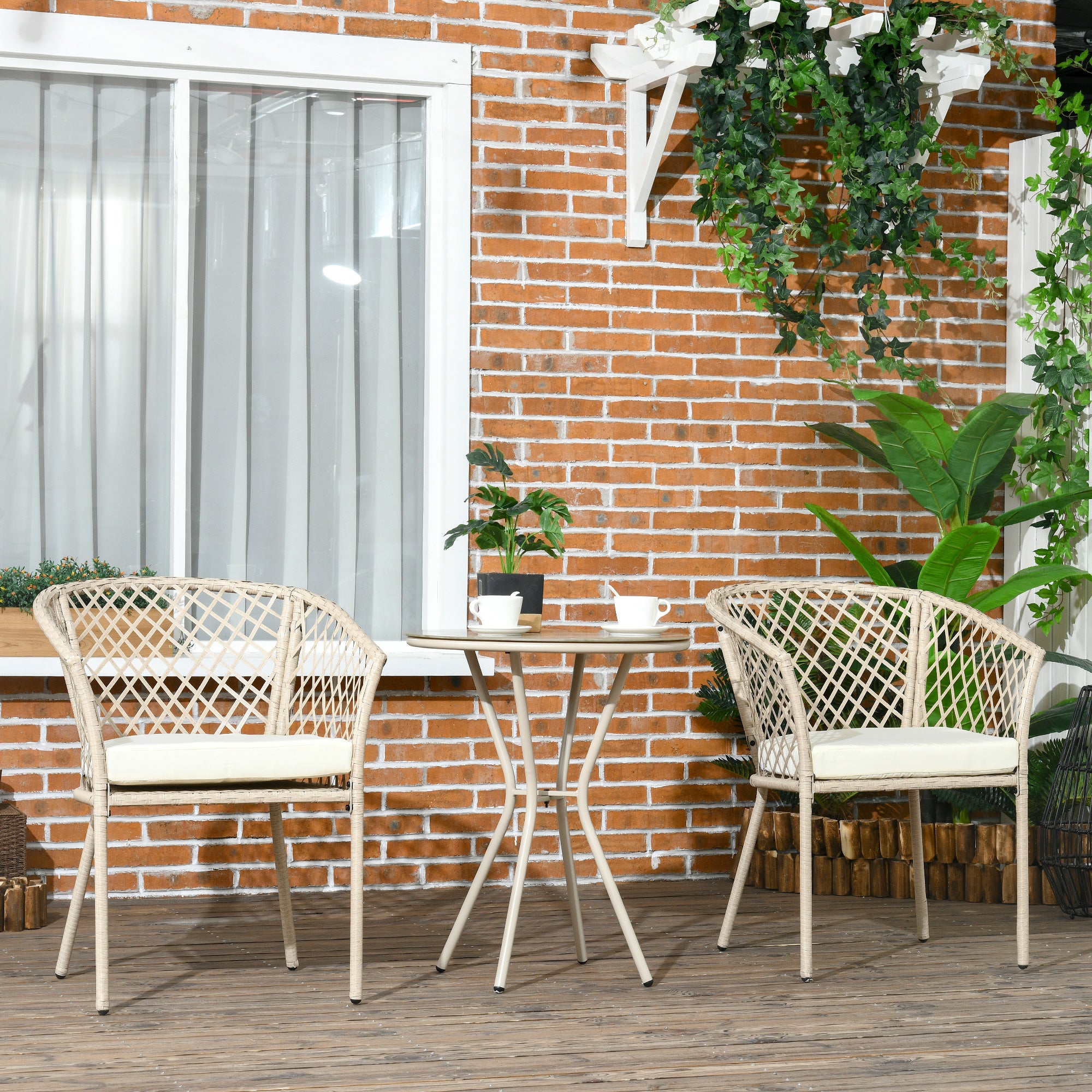 Rattan Garden Furniture Set 3pc, Patio Set with Coffee Table, 2 Chairs, Balcony Furniture Set with Cushions, Garden Seating Group for Balcony, Terrace, Khaki