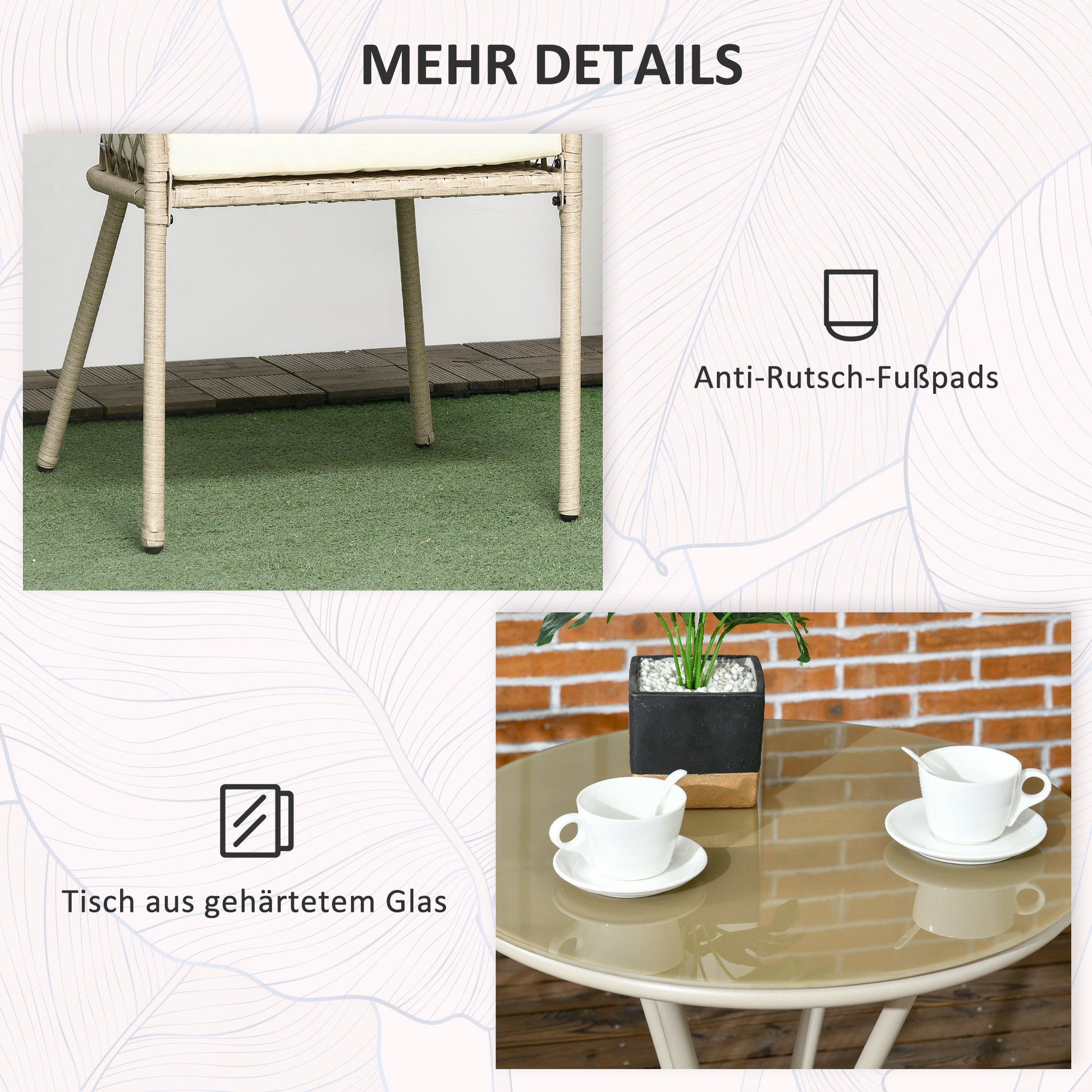 Rattan Garden Furniture Set 3pc, Patio Set with Coffee Table, 2 Chairs, Balcony Furniture Set with Cushions, Garden Seating Group for Balcony, Terrace, Khaki