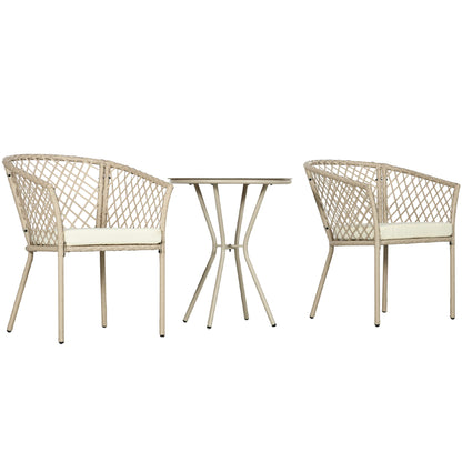 Rattan Garden Furniture Set 3pc, Patio Set with Coffee Table, 2 Chairs, Balcony Furniture Set with Cushions, Garden Seating Group for Balcony, Terrace, Khaki