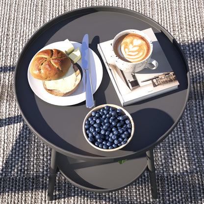 Round 2-Tier Garden Table Outdoor Patio Table Ø32x51 cm with Bottom Tray and Metal Frame for Outdoor and Indoor Black