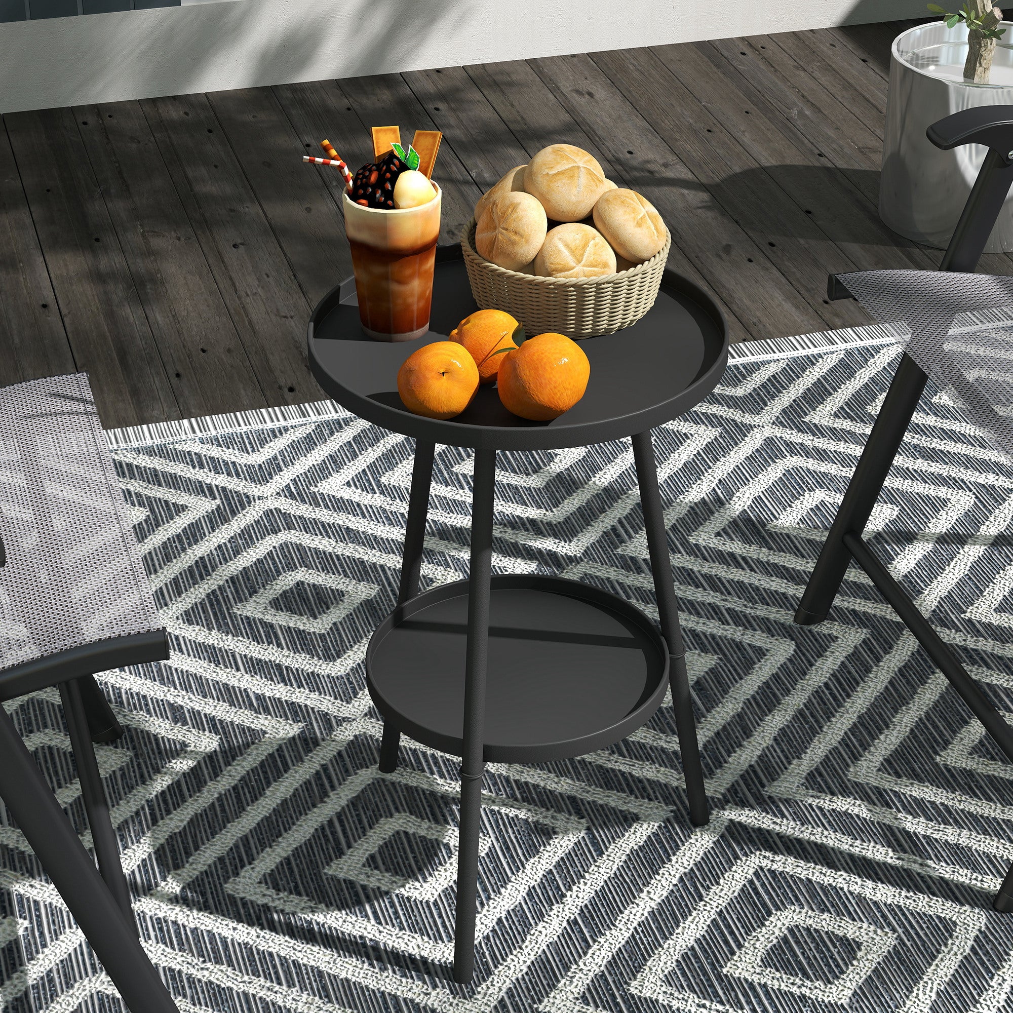 Round 2-Tier Garden Table Outdoor Patio Table Ø32x51 cm with Bottom Tray and Metal Frame for Outdoor and Indoor Black