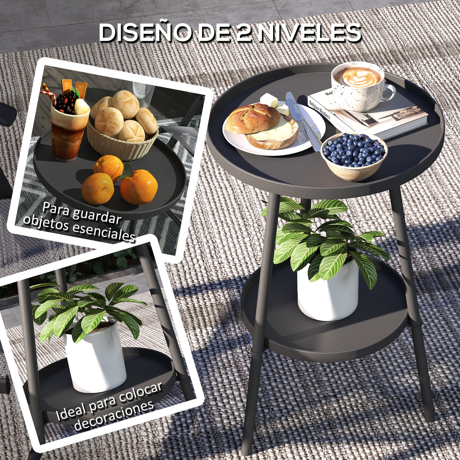 Round 2-Tier Garden Table Outdoor Patio Table Ø32x51 cm with Bottom Tray and Metal Frame for Outdoor and Indoor Black