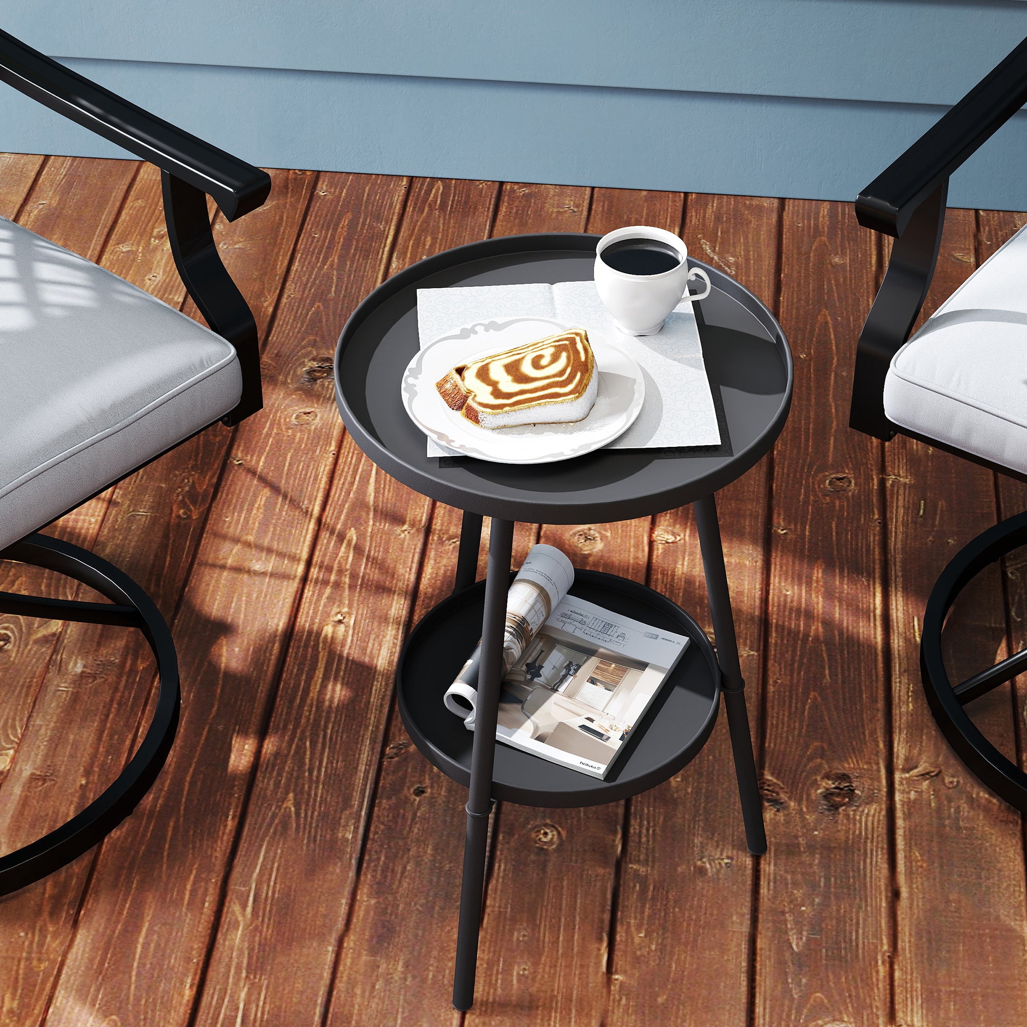 Round 2-Tier Garden Table Outdoor Patio Table Ø32x51 cm with Bottom Tray and Metal Frame for Outdoor and Indoor Black