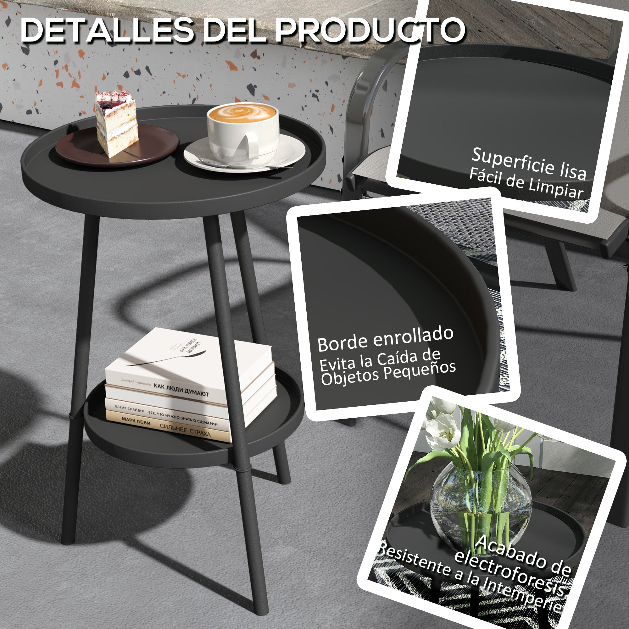 Round 2-Tier Garden Table Outdoor Patio Table Ø32x51 cm with Bottom Tray and Metal Frame for Outdoor and Indoor Black