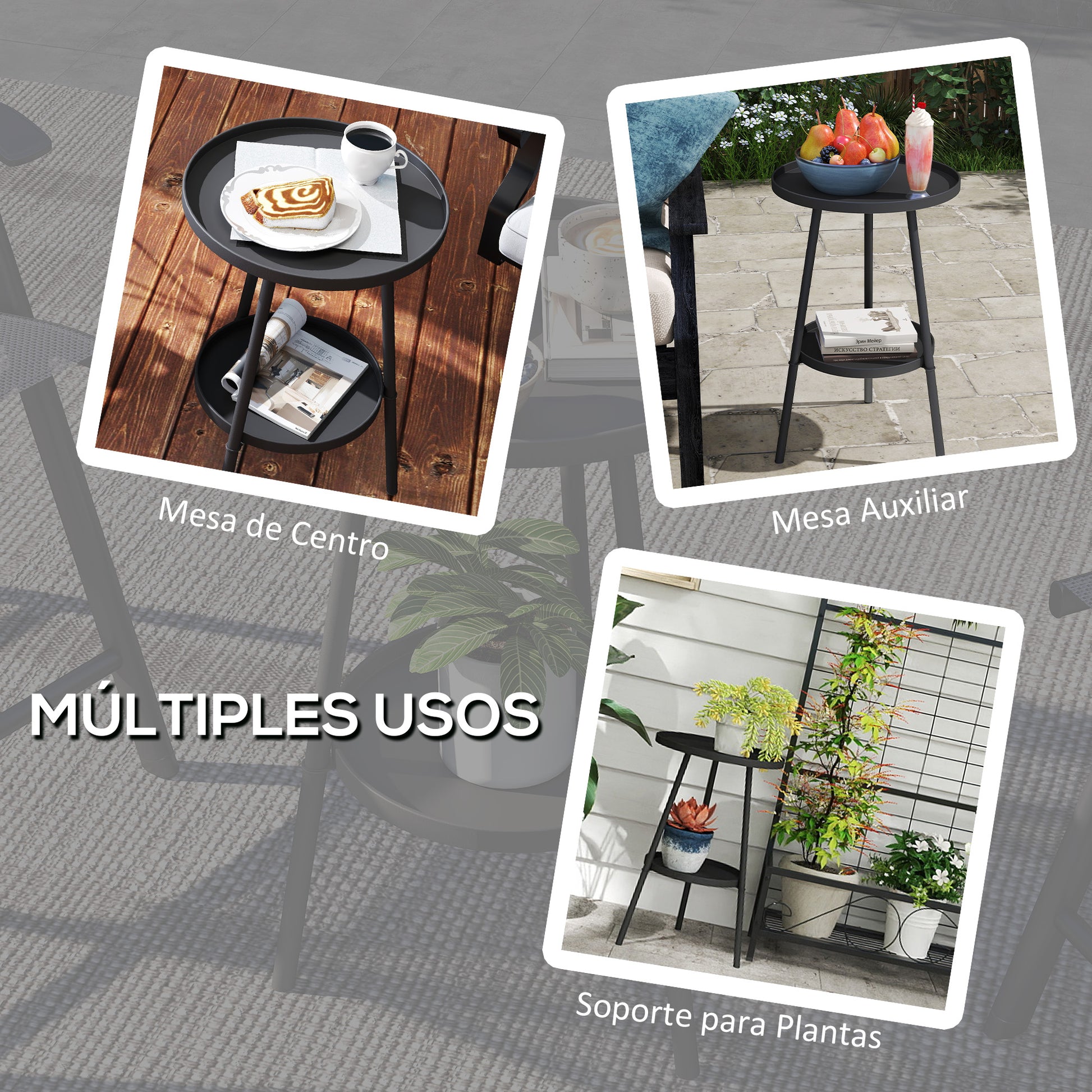 Round 2-Tier Garden Table Outdoor Patio Table Ø32x51 cm with Bottom Tray and Metal Frame for Outdoor and Indoor Black