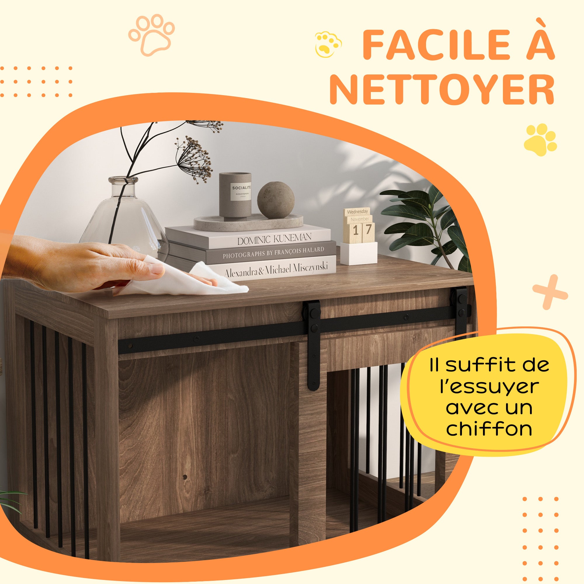 Dog crate cage for indoor animals with 1 sliding door, side table, wood effect metal, dim. 57H x 80L x 54W cm