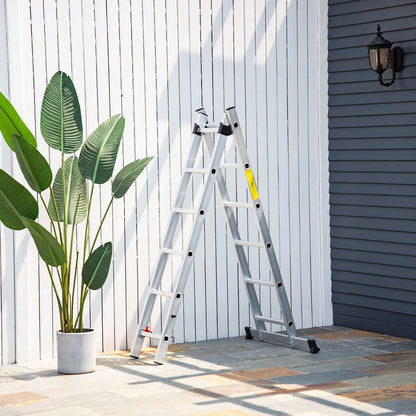 Aluminum Multifunctional Ladder 2.5m, Portable Foldable Ladder with Triangular Frame and Non-slip Feet, Step Ladder Supporting up to 150 kg, Silver