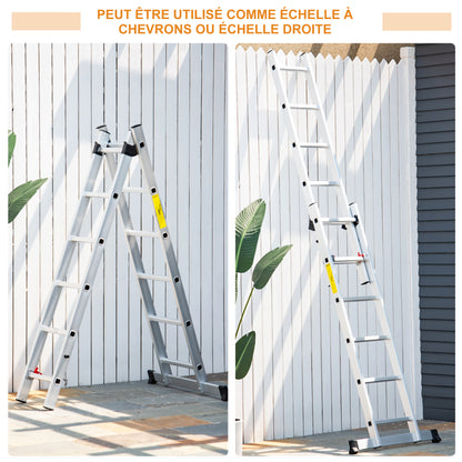 Aluminum Multifunctional Ladder 2.5m, Portable Foldable Ladder with Triangular Frame and Non-slip Feet, Step Ladder Supporting up to 150 kg, Silver