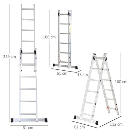 Aluminum Multifunctional Ladder 2.5m, Portable Foldable Ladder with Triangular Frame and Non-slip Feet, Step Ladder Supporting up to 150 kg, Silver