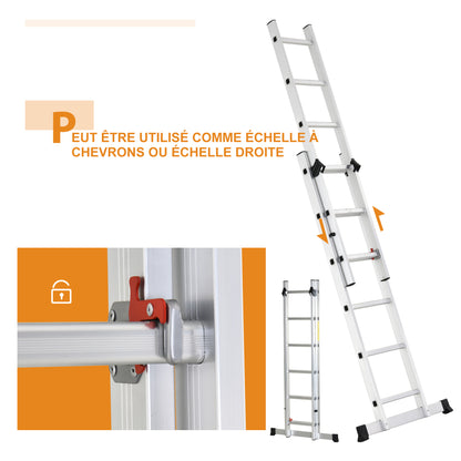 Aluminum Multifunctional Ladder 2.5m, Portable Foldable Ladder with Triangular Frame and Non-slip Feet, Step Ladder Supporting up to 150 kg, Silver