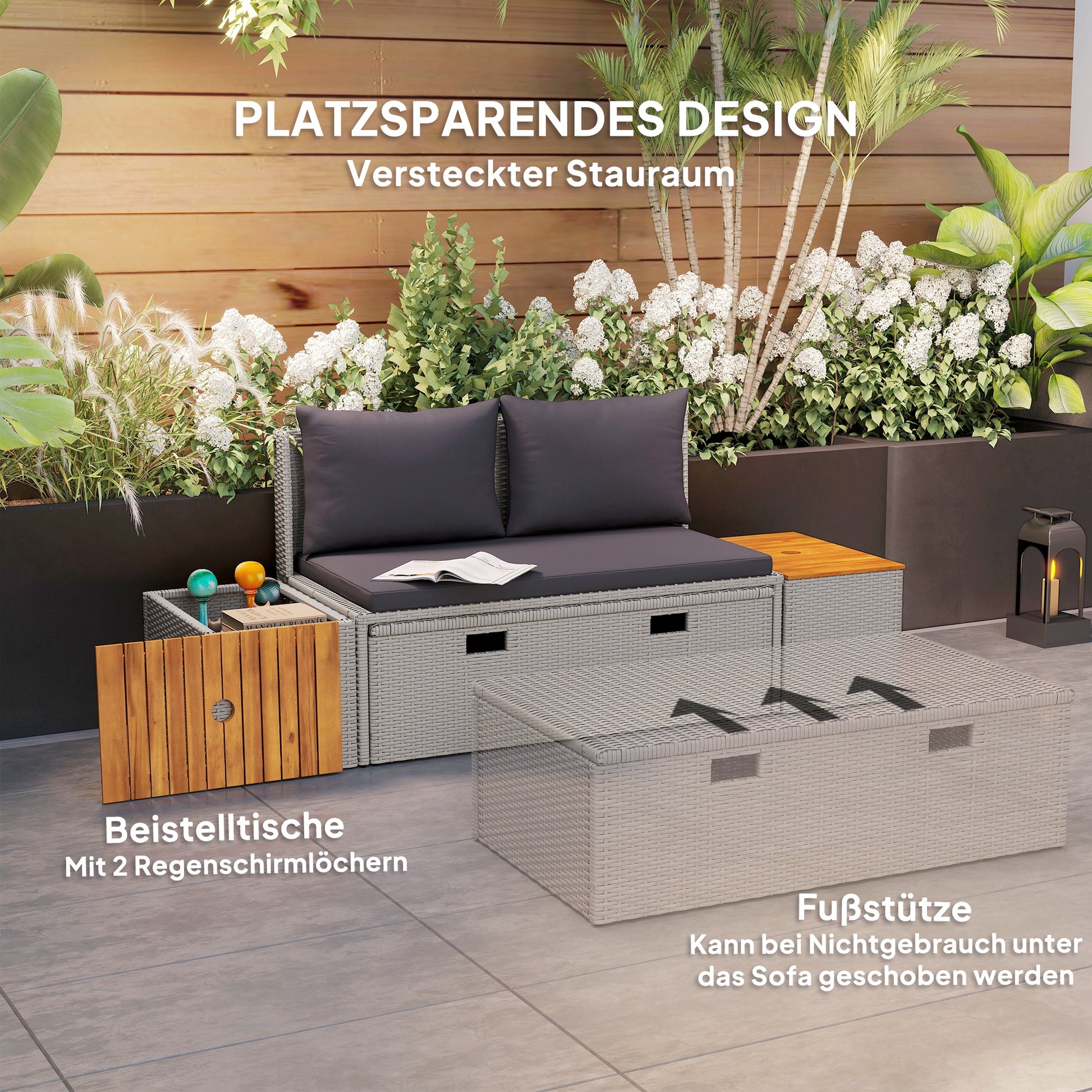 Poly Rattan Sun Lounger for 2 Persons Double Lounger with Footstool Storage Hole Weatherproof Garden Lounger 320kg Load-bearing Garden Furniture Sun Lounger Relax Lounger for Garden 125x114x72.5 cm Gray