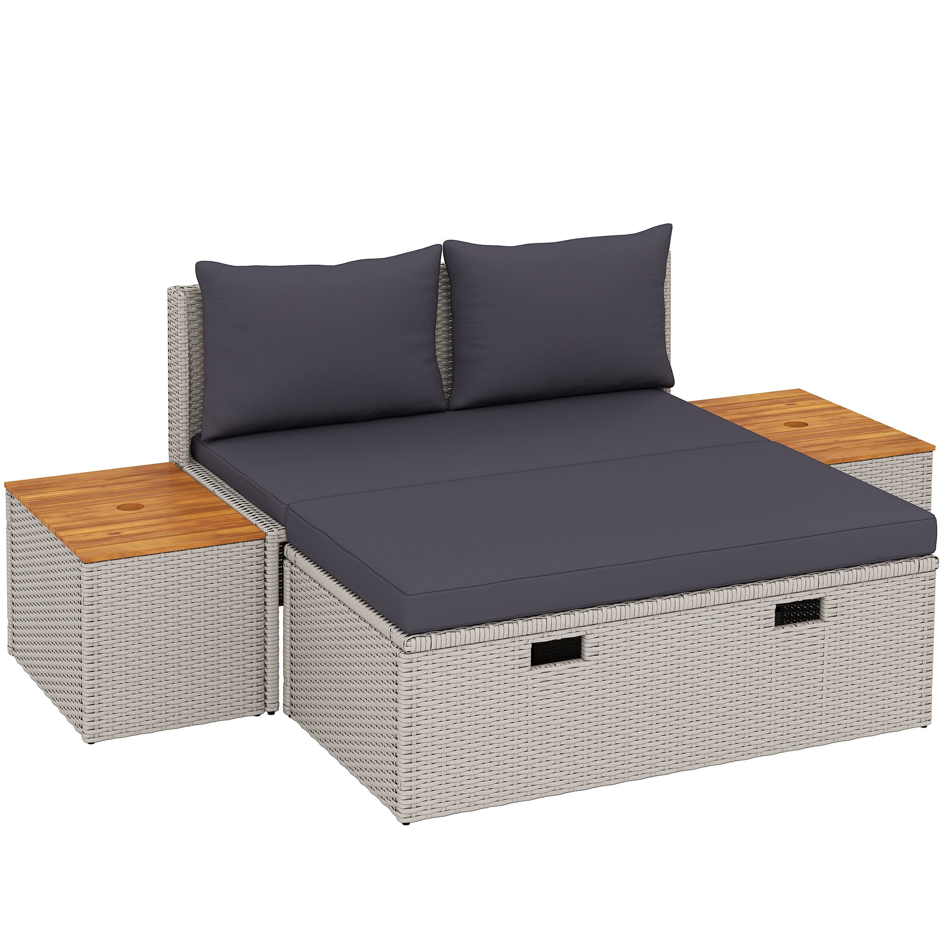 Poly Rattan Sun Lounger for 2 Persons Double Lounger with Footstool Storage Hole Weatherproof Garden Lounger 320kg Load-bearing Garden Furniture Sun Lounger Relax Lounger for Garden 125x114x72.5 cm Gray