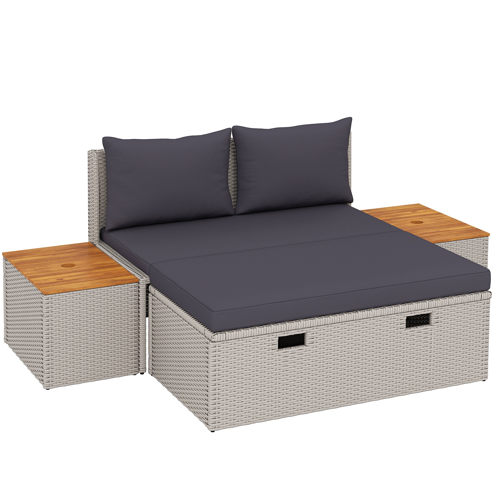 Poly Rattan Sun Lounger for 2 Persons Double Lounger with Footstool Storage Hole Weatherproof Garden Lounger 320kg Load-bearing Garden Furniture Sun Lounger Relax Lounger for Garden 125x114x72.5 cm Gray