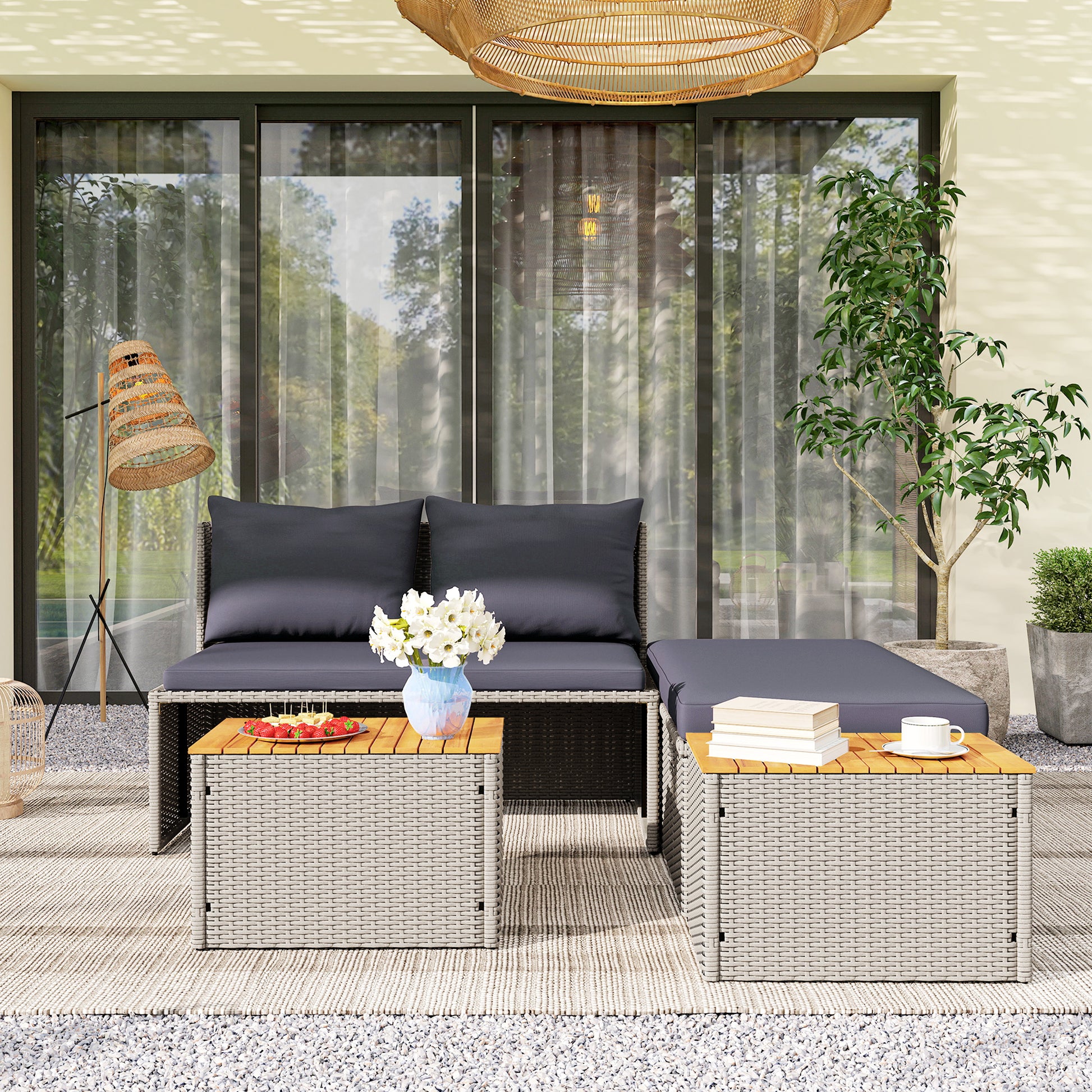 Poly Rattan Sun Lounger for 2 Persons Double Lounger with Footstool Storage Hole Weatherproof Garden Lounger 320kg Load-bearing Garden Furniture Sun Lounger Relax Lounger for Garden 125x114x72.5 cm Gray