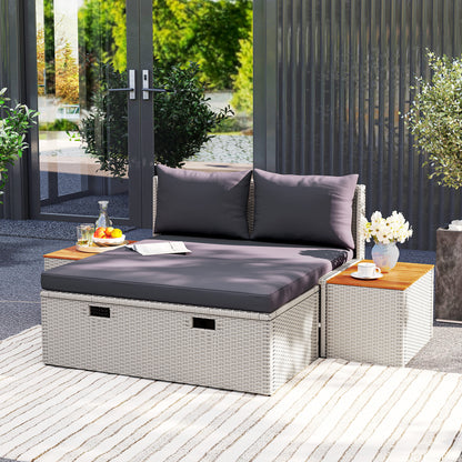Poly Rattan Sun Lounger for 2 Persons Double Lounger with Footstool Storage Hole Weatherproof Garden Lounger 320kg Load-bearing Garden Furniture Sun Lounger Relax Lounger for Garden 125x114x72.5 cm Gray