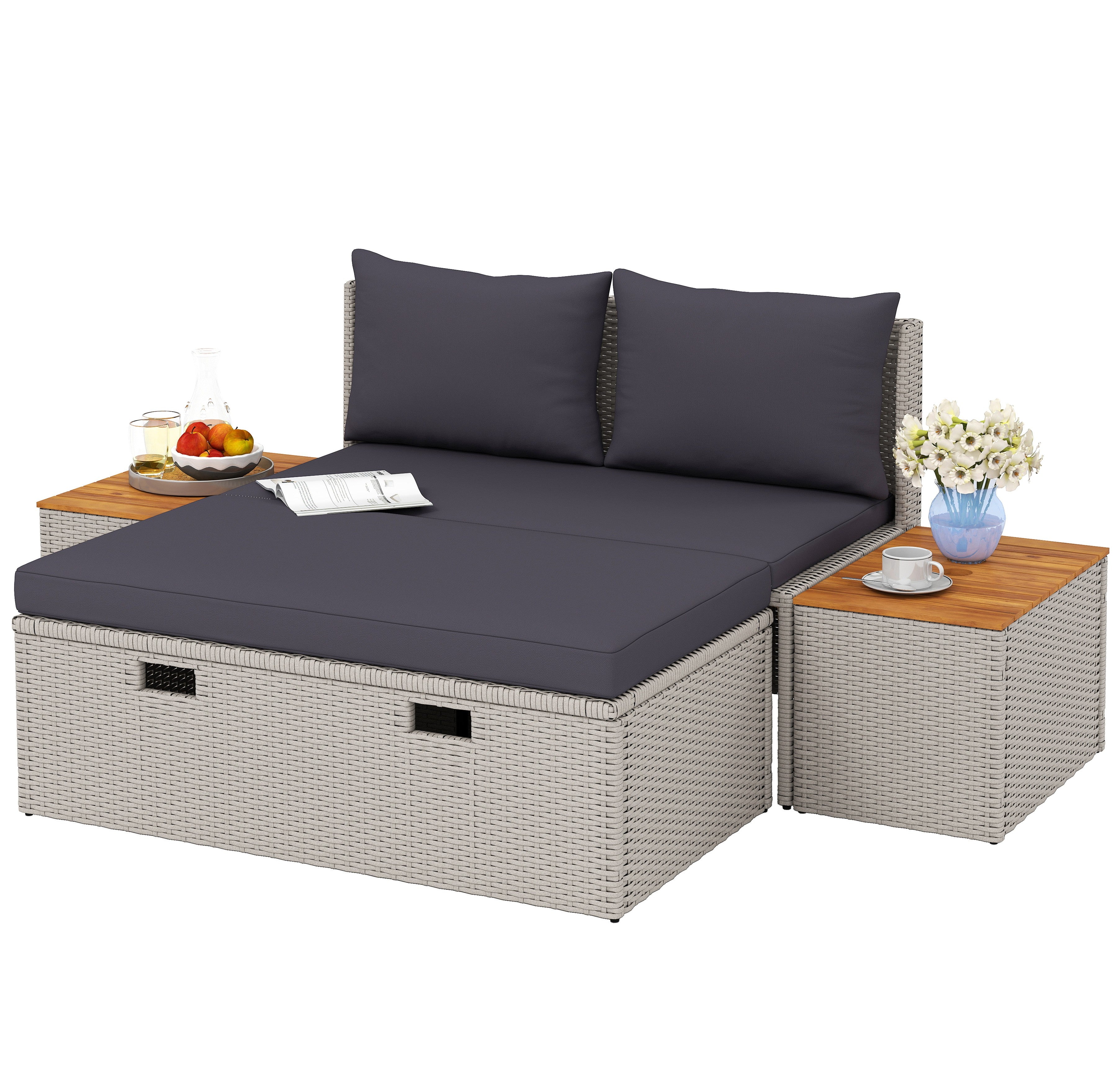 Poly Rattan Sun Lounger for 2 Persons Double Lounger with Footstool Storage Hole Weatherproof Garden Lounger 320kg Load-bearing Garden Furniture Sun Lounger Relax Lounger for Garden 125x114x72.5 cm Gray
