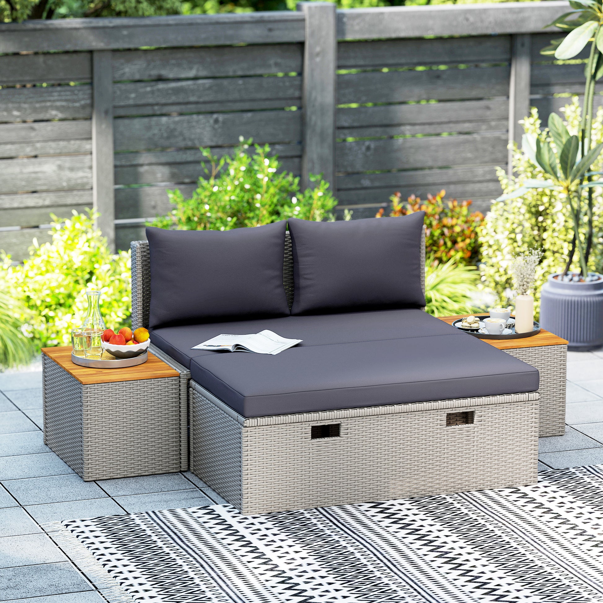 Poly Rattan Sun Lounger for 2 Persons Double Lounger with Footstool Storage Hole Weatherproof Garden Lounger 320kg Load-bearing Garden Furniture Sun Lounger Relax Lounger for Garden 125x114x72.5 cm Gray