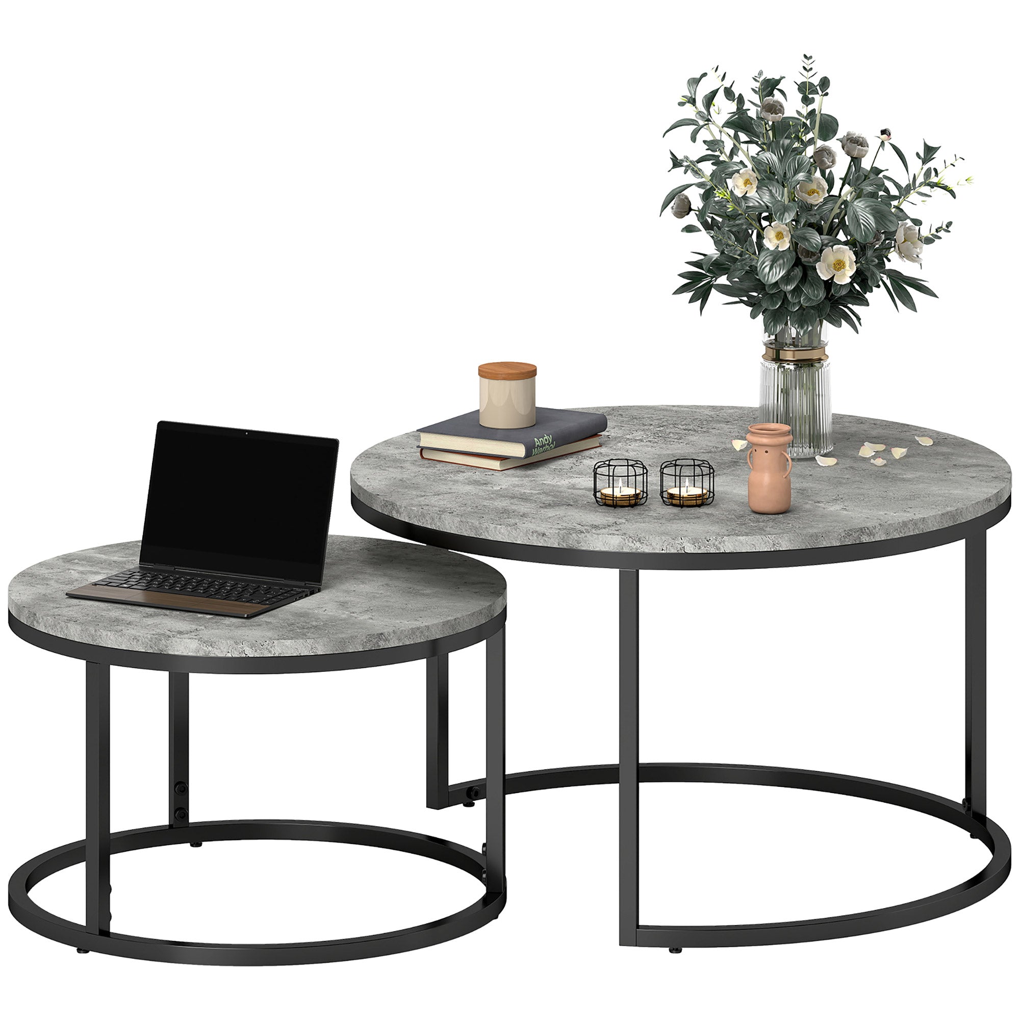 Round Coffee Table 2-Piece Set Stackable Side Table with Metal Frame, Living Room Table with Marble Look Coffee Table for Living Room Bedroom 78.5 x 78.5 x 46.5 cm Gray