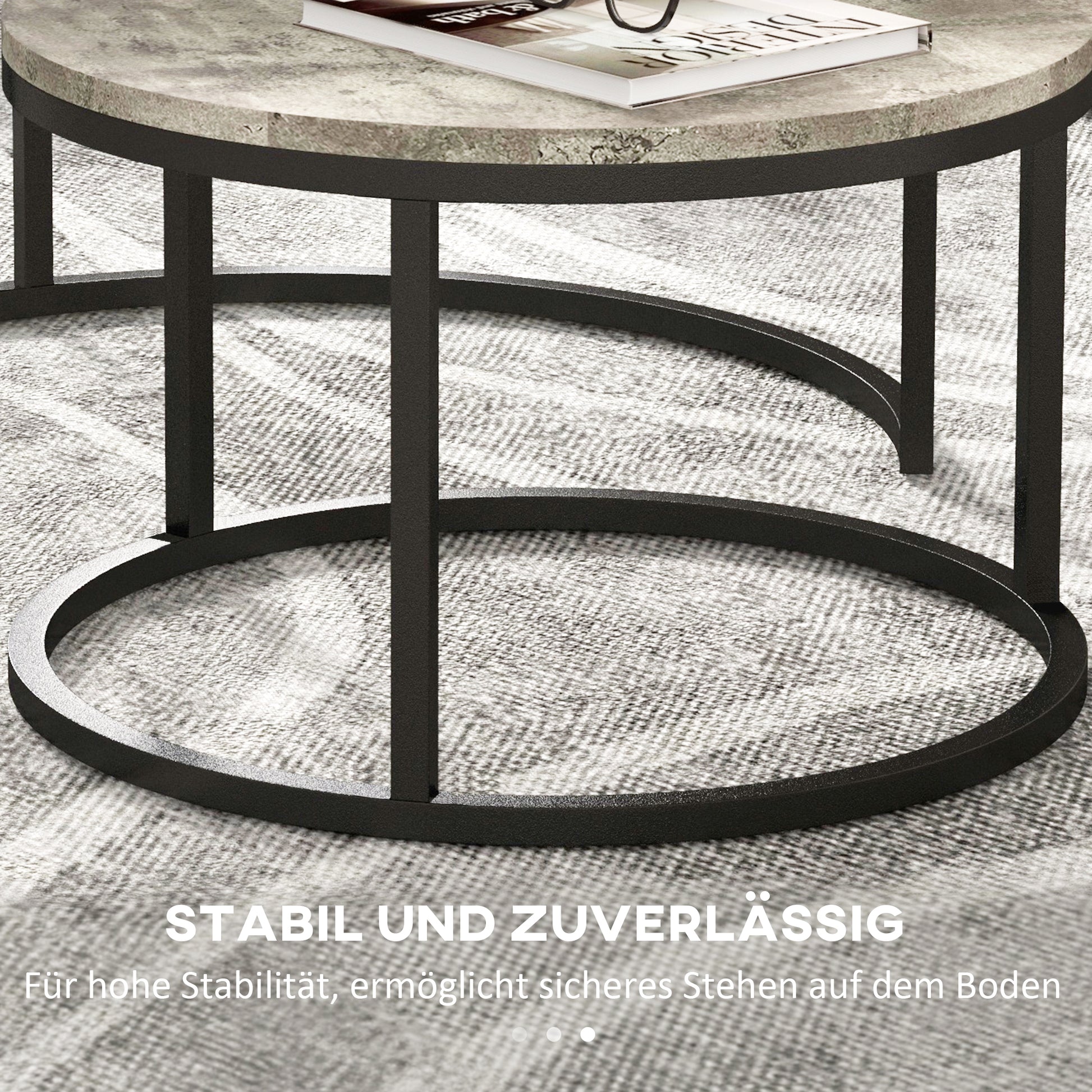 Round Coffee Table 2-Piece Set Stackable Side Table with Metal Frame, Living Room Table with Marble Look Coffee Table for Living Room Bedroom 78.5 x 78.5 x 46.5 cm Gray