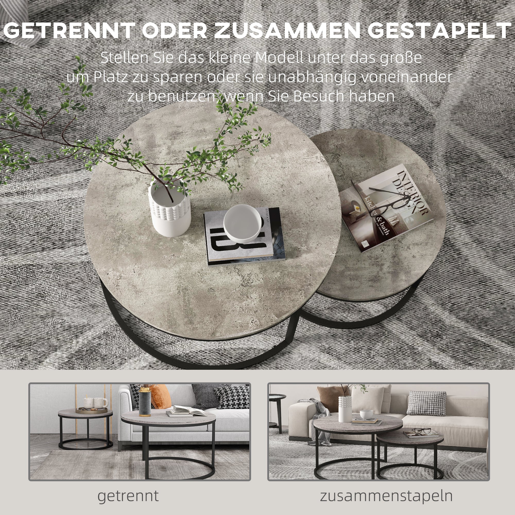 Round Coffee Table 2-Piece Set Stackable Side Table with Metal Frame, Living Room Table with Marble Look Coffee Table for Living Room Bedroom 78.5 x 78.5 x 46.5 cm Gray