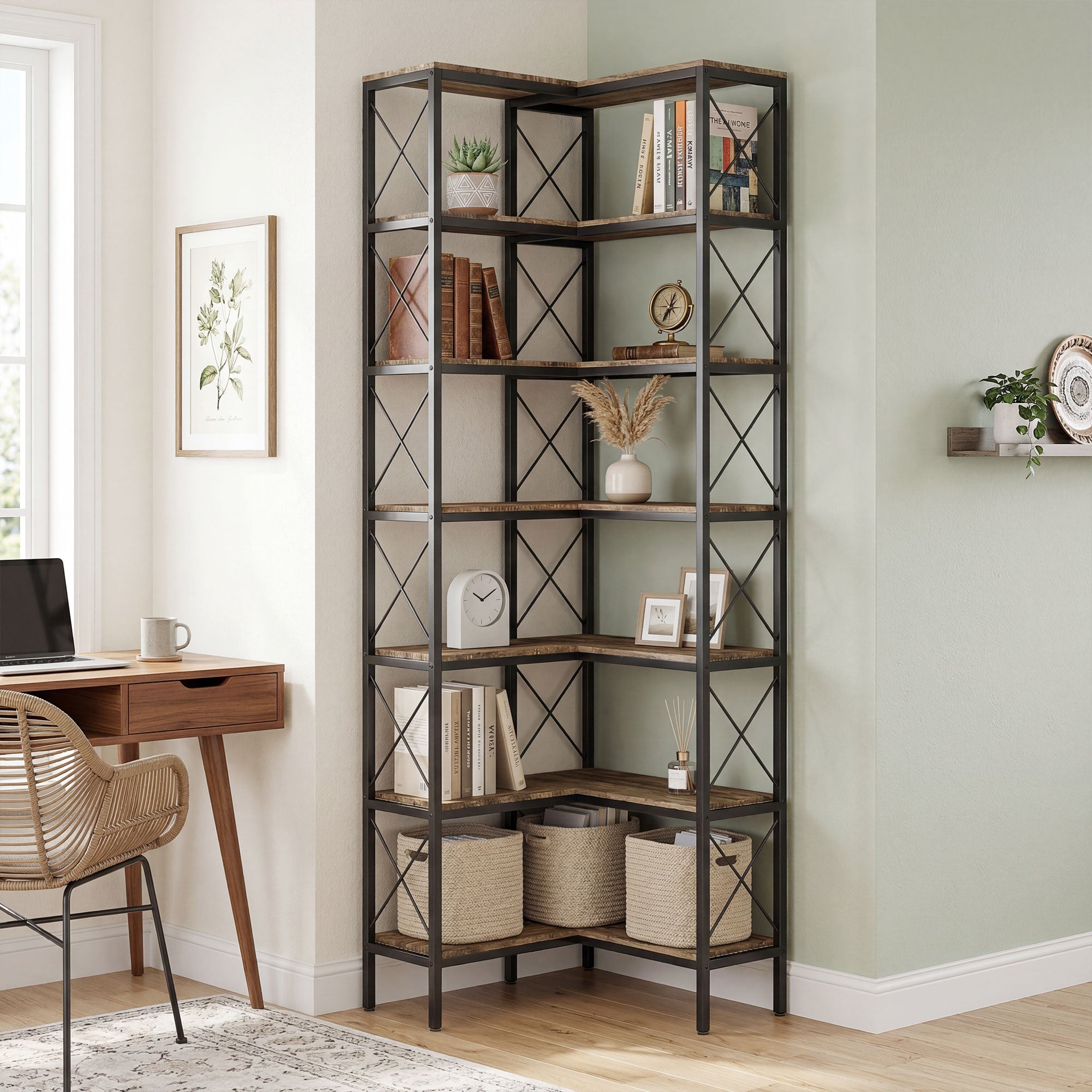 6-Tier L-Shaped Corner Bookshelf, Freestanding Metal Frame for Living Room, Office, Bedroom, 60 x 60 x 200 cm (23.6 x 23.6 x 78.7 in), Rustic Brown
