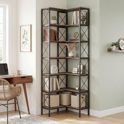 6-Tier L-Shaped Corner Bookshelf, Freestanding Metal Frame for Living Room, Office, Bedroom, 60 x 60 x 200 cm (23.6 x 23.6 x 78.7 in), Rustic Brown