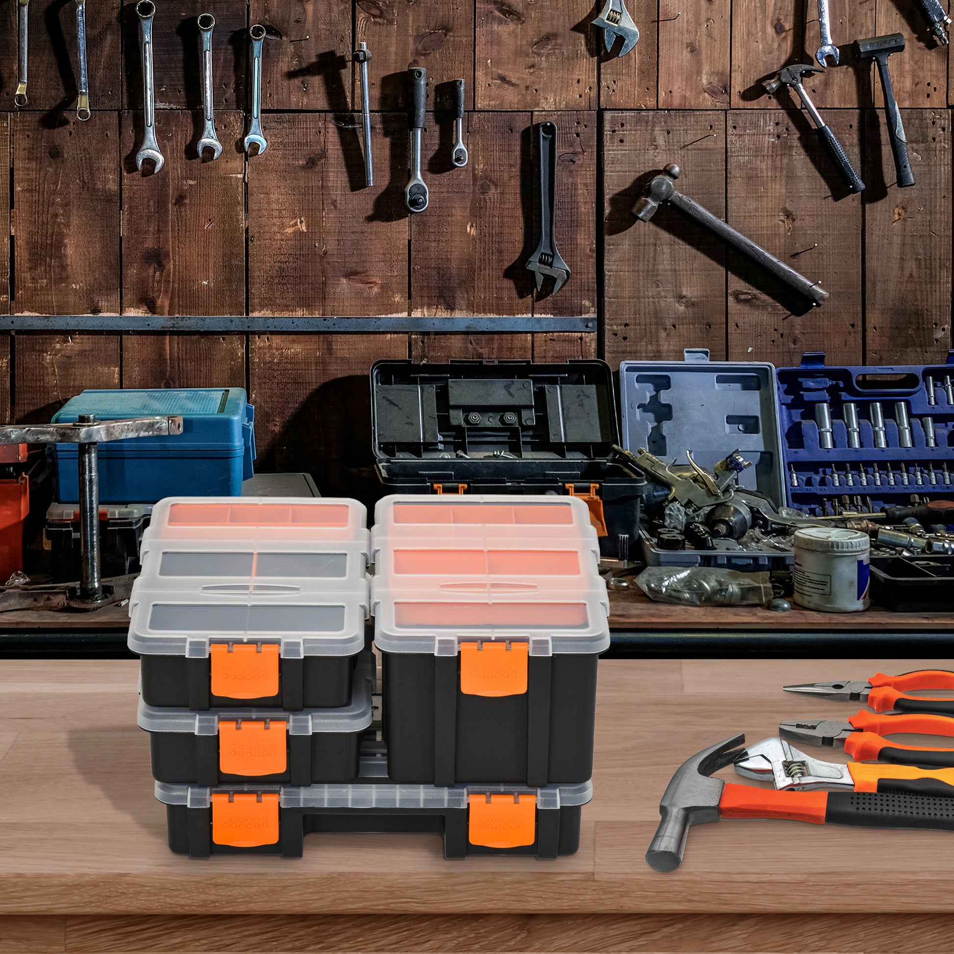 4PCS Tool Storage Box Multifunctional Toolbox Sorting Box Small Parts Organizer Plastic Orange+Black 28.7 x 22.5 x 5.5 cm