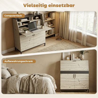 Secretary Desk 100 cm (39.4") — Modern Industrial Computer Desk with Shelves & Cabinet, Office or Bedroom, Natural Wood & Black